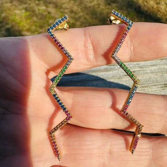 Dazzling Zigzag Rainbow Earrings – Gold Plated Multicolor Zigzag Earrings - Picture 6 of 17